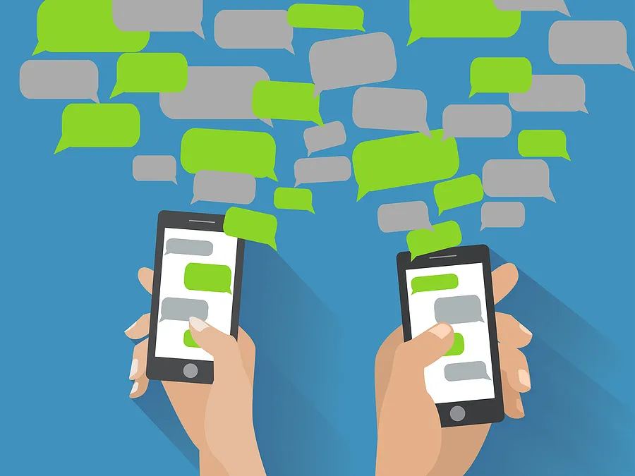 Grafik mit Mobiltelefonen und zahlreichen Textnachrichten zur Veranschaulichung der Handy-Etikette im Jahr 2024.