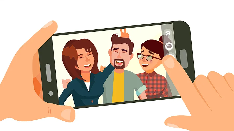 Cartoon-Hände, die ein Handy mit einem Foto halten.