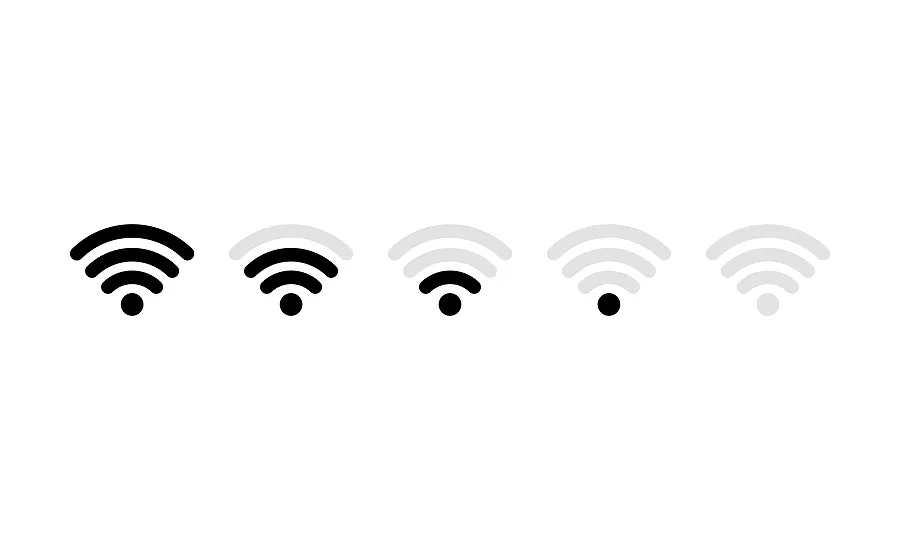 fünf WLAN-Signalsymbole in einer Reihe, deren Signalstärke von links nach rechts abnimmt