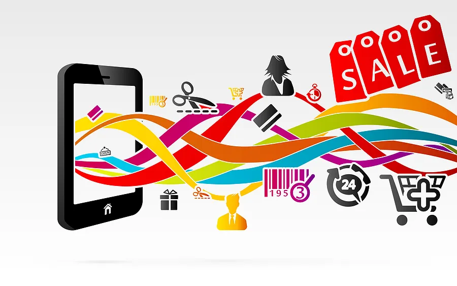 Illustration eines Smartphones mit bunten Bändern, die Einkaufssymbole, Ausverkaufsschilder, Barcodes und Warenkorb-Symbole miteinander verbinden
