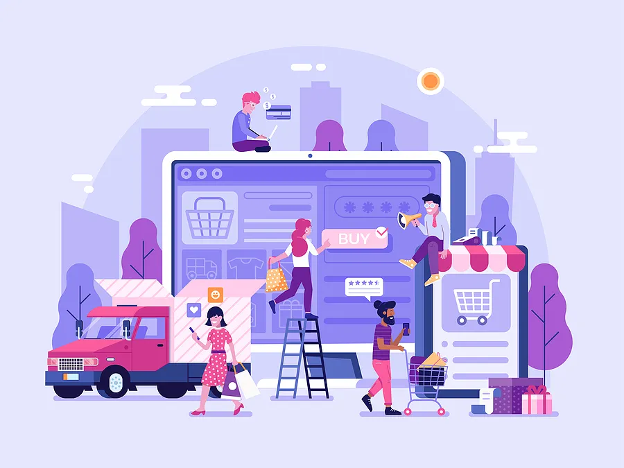 Illustration von Online-Käufern, die Smartphones kaufen; zu sehen sind ein großer Handybildschirm mit einem „Kaufen“-Button, Einkaufswagen, ein Lieferwagen sowie Menschen, die Angebote vergleichen und Einkäufe tätigen.
